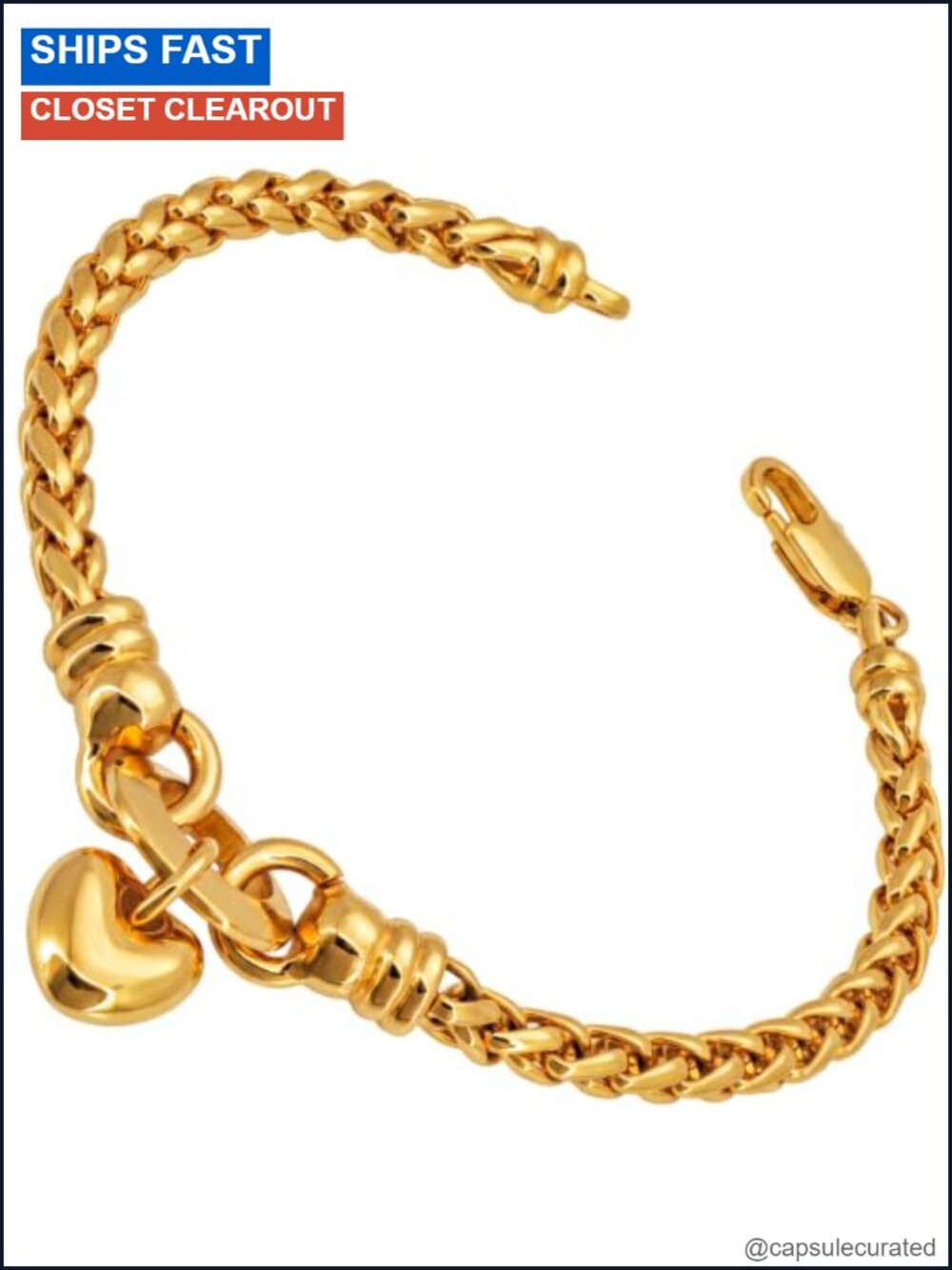 24K Gold Plated Heart Charm Bracelet 4mm Wheat Chain